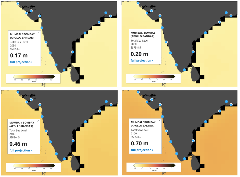 Projected ocean level increment around Mumbai by 2050 and 2100